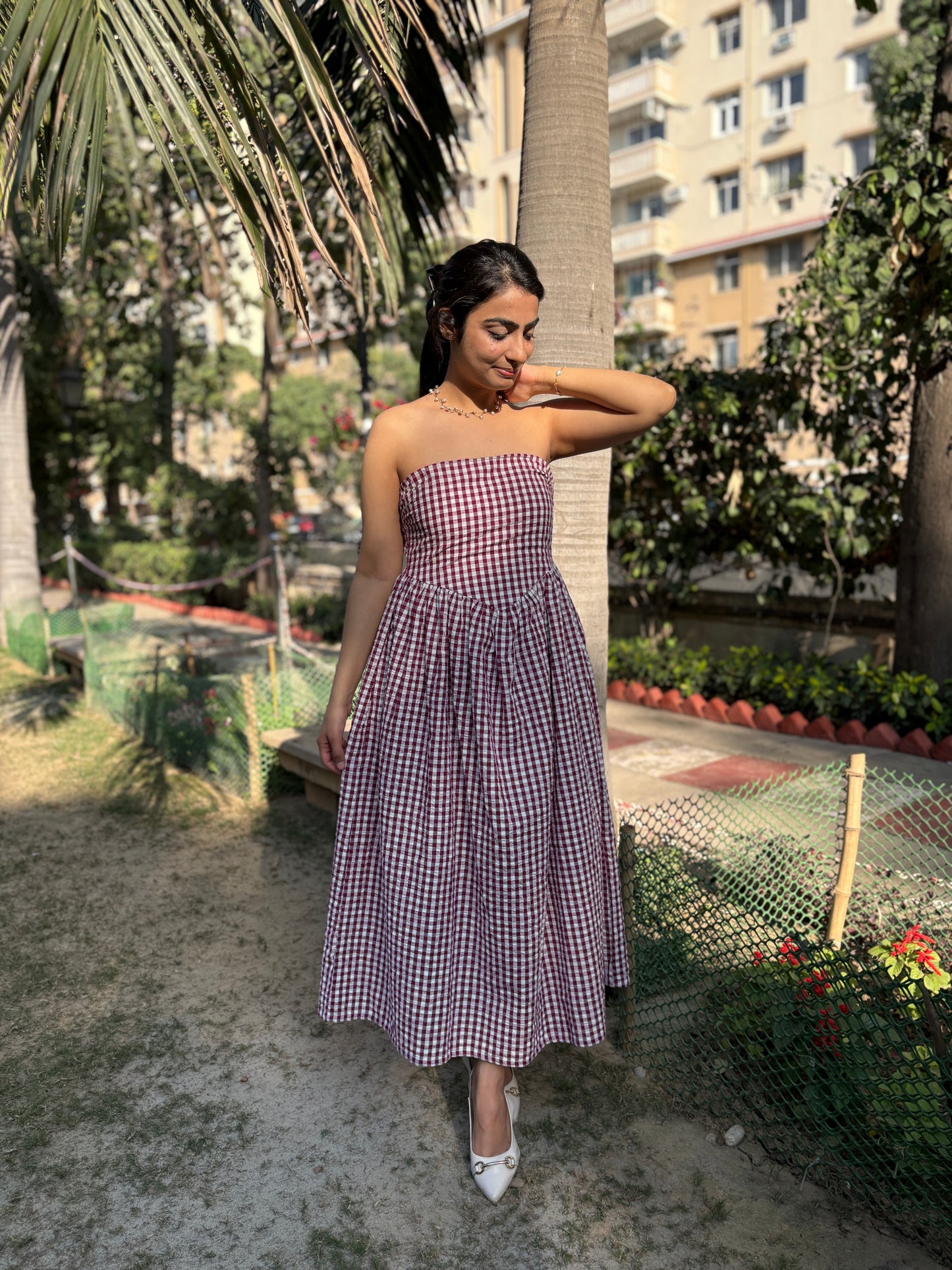 Maroon Meadow Gingham Dress